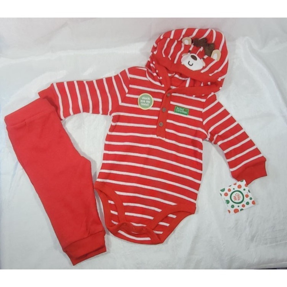 Little Me Holiday Cotton Bodysut Set w/ Reindeer Hood - Red - 1st Christmas - 9M